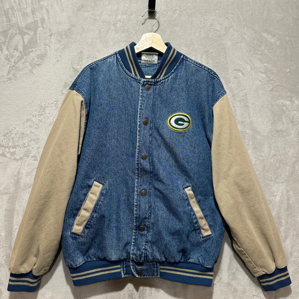 VTG Lee Sport Green Bay Packers Denim Varsity Jacket Mens M Blue Tan Bomber NFL